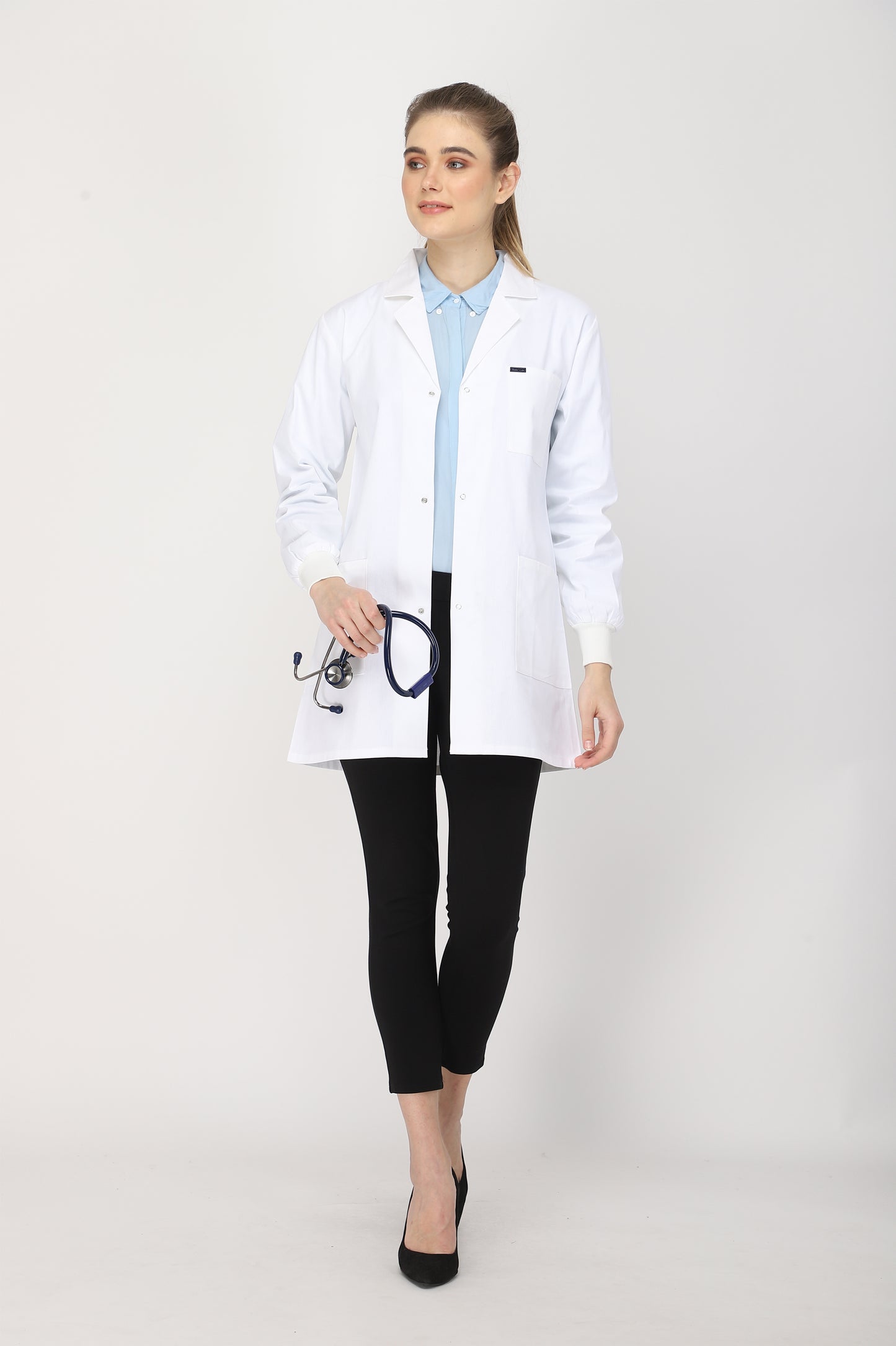 Women's Lab Coat Apron (Snap Closure) Full Sleeve with Knit Cuffs - Length 32"