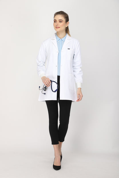 Women's Lab Coat Apron (Snap Closure) Full Sleeve with Knit Cuffs - Length 32"