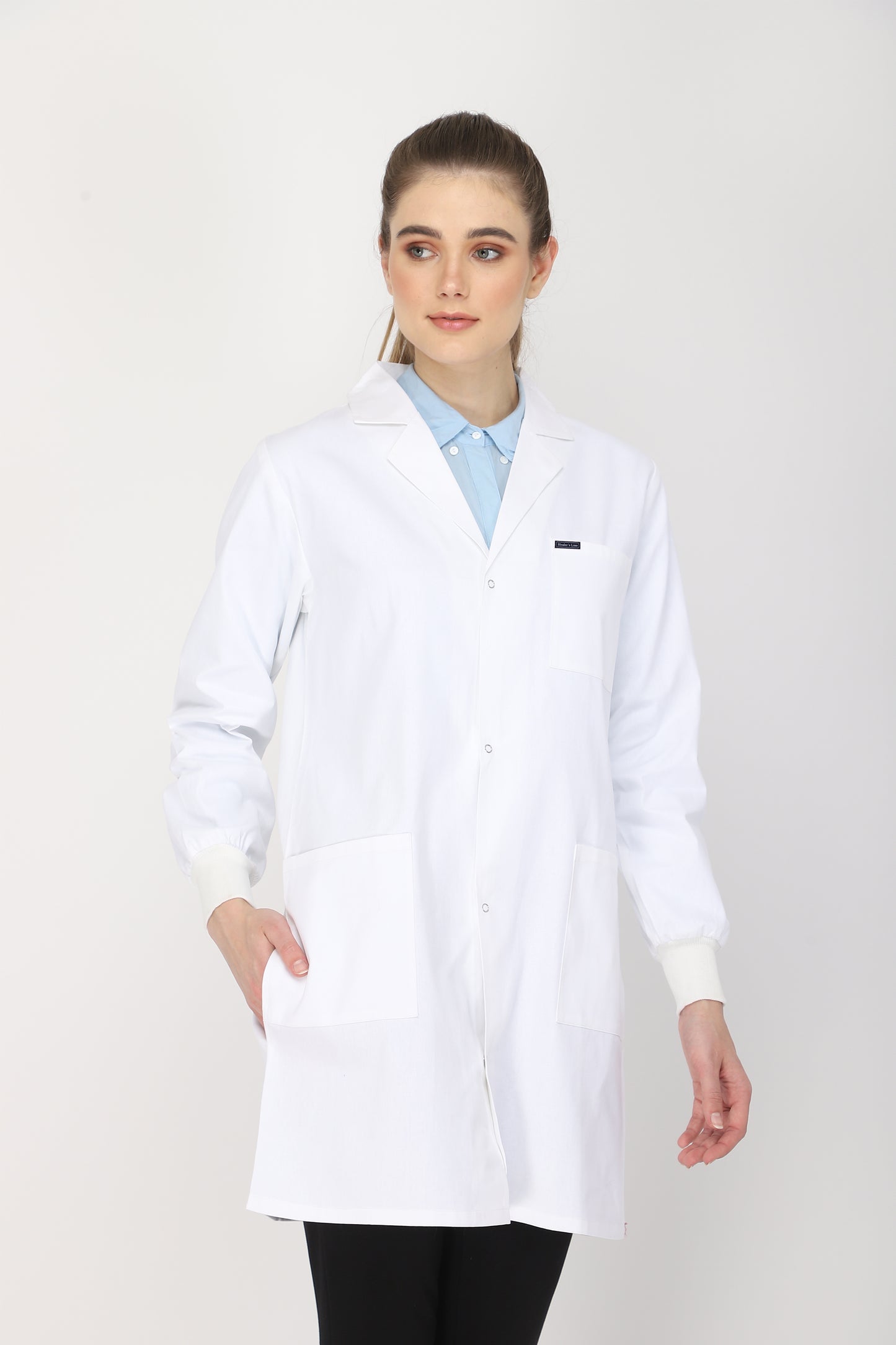Women's Lab Coat Apron (Snap Closure) Full Sleeve with Knit Cuffs - Length 35"