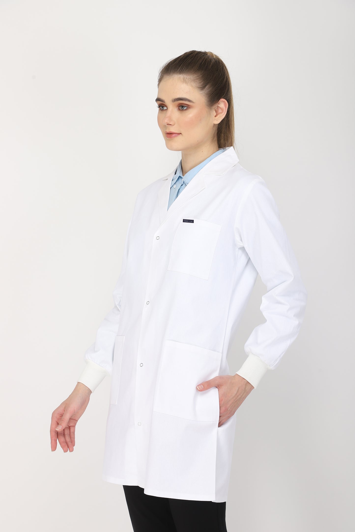 Women's Lab Coat Apron (Snap Closure) Full Sleeve with Knit Cuffs - Length 35"