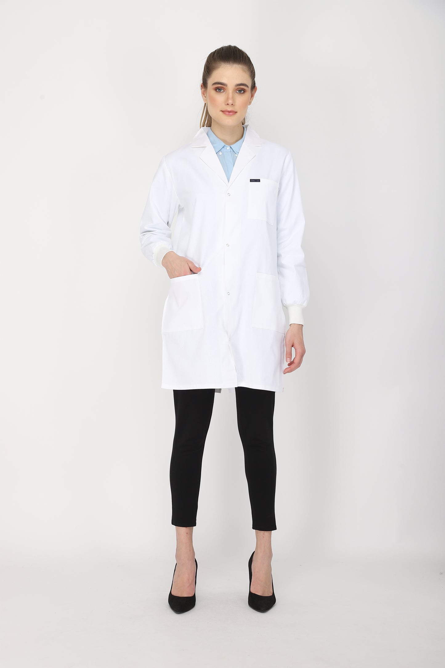 Women's Lab Coat Apron (Snap Closure) Full Sleeve with Knit Cuffs - Length 35"