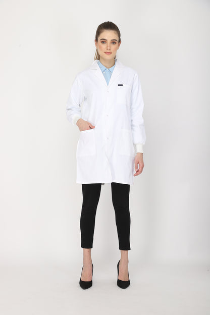 Women's Lab Coat Apron (Snap Closure) Full Sleeve with Knit Cuffs - Length 35"