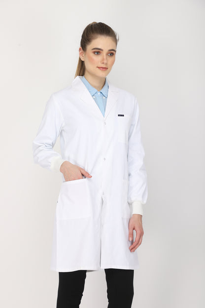 Women's Lab Coat Apron (Snap Closure) Full Sleeve with Knit Cuffs - Length 37"