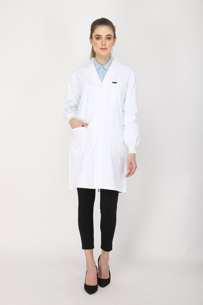 Women's Lab Coat Apron (Snap Closure) Full Sleeve with Knit Cuffs - Length 37"
