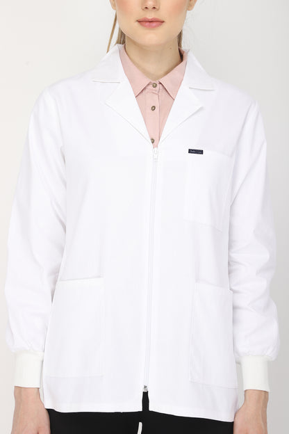 Women's Lab Coat Apron (Zipper Closure) Full Sleeve with Knit Cuffs - Length 28"