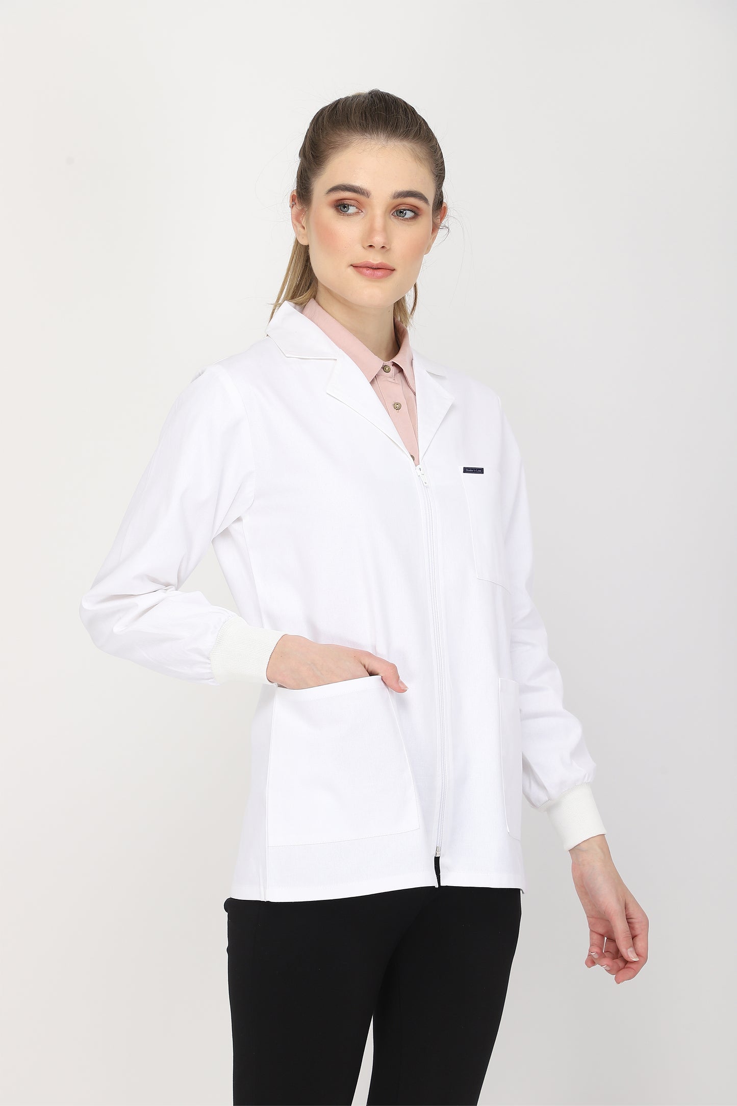 Women's Lab Coat Apron (Zipper Closure) Full Sleeve with Knit Cuffs - Length 28"