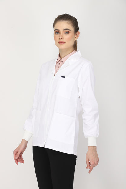 Women's Lab Coat Apron (Zipper Closure) Full Sleeve with Knit Cuffs - Length 28"