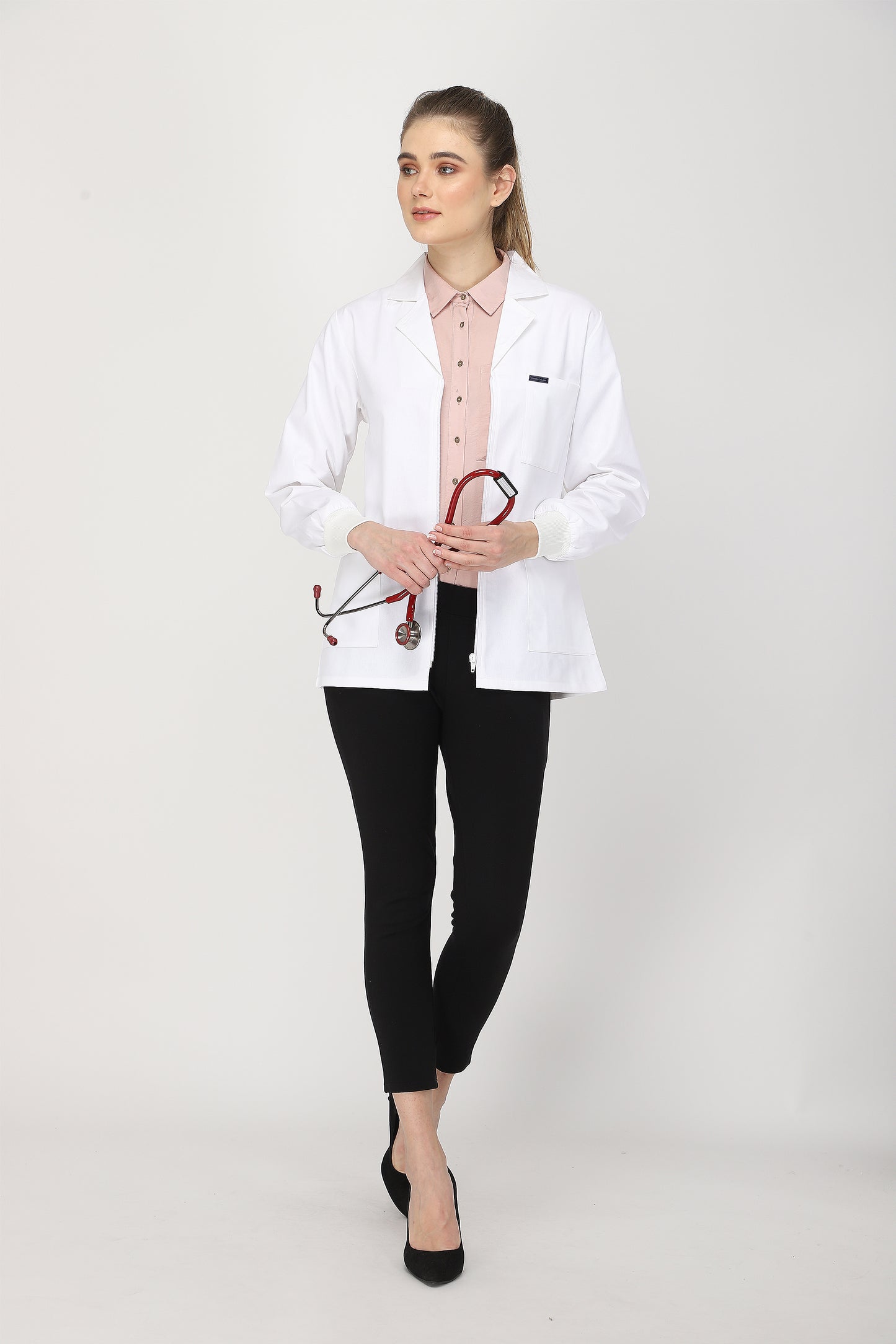 Women's Lab Coat Apron (Zipper Closure) Full Sleeve with Knit Cuffs - Length 28"