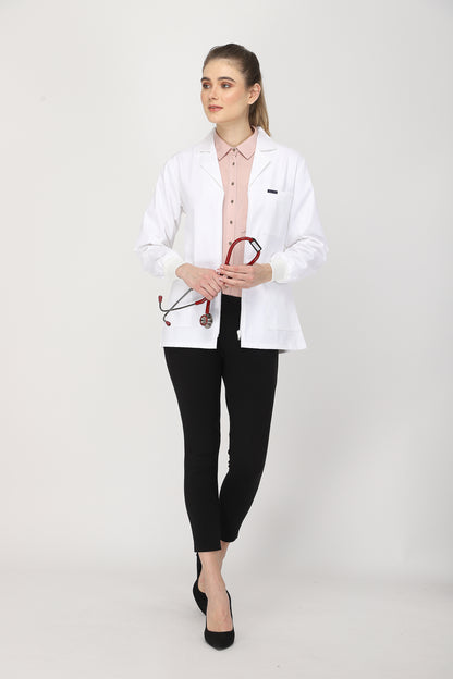 Women's Lab Coat Apron (Zipper Closure) Full Sleeve with Knit Cuffs - Length 28"