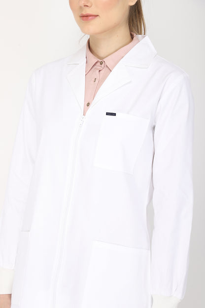 Women's Lab Coat Apron (Zipper Closure) Full Sleeve with Knit Cuffs - Length 32"