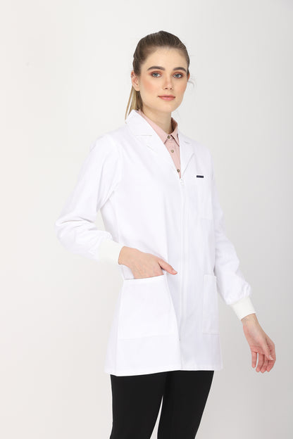 Women's Lab Coat Apron (Zipper Closure) Full Sleeve with Knit Cuffs - Length 32"