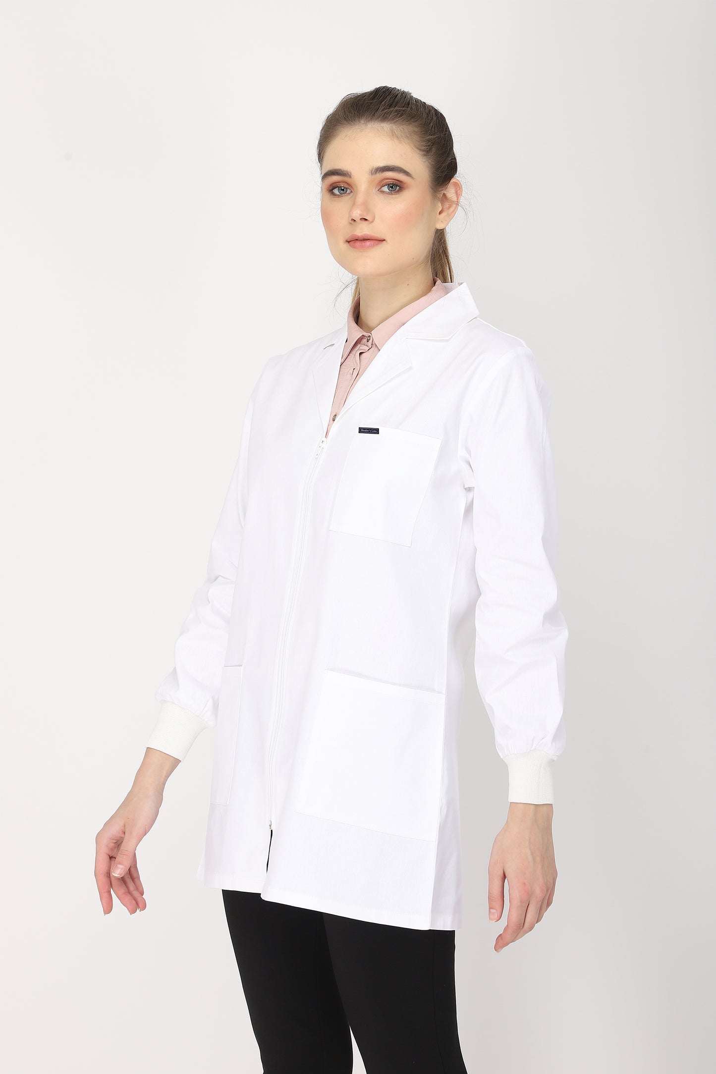 Women's Lab Coat Apron (Zipper Closure) Full Sleeve with Knit Cuffs - Length 32"