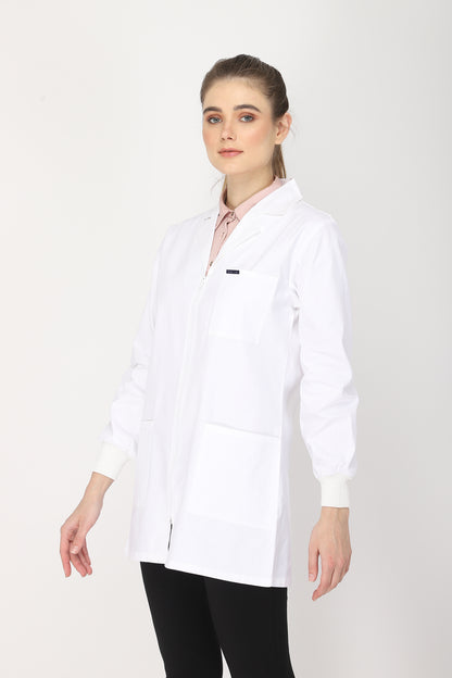 Women's Lab Coat Apron (Zipper Closure) Full Sleeve with Knit Cuffs - Length 32"