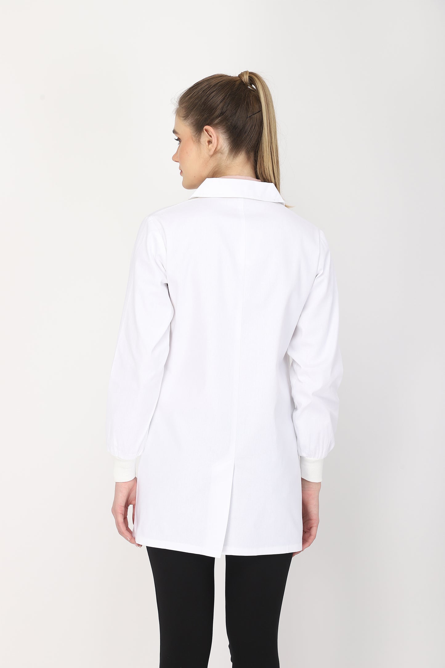 Women's Lab Coat Apron (Zipper Closure) Full Sleeve with Knit Cuffs - Length 32"
