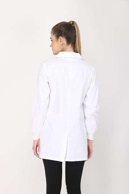 Women's Lab Coat Apron (Zipper Closure) Full Sleeve with Knit Cuffs - Length 32"