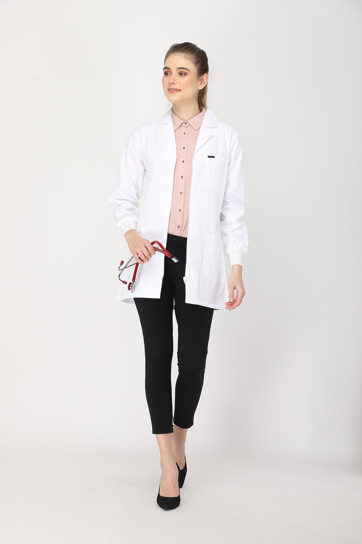Women's Lab Coat Apron (Zipper Closure) Full Sleeve with Knit Cuffs - Length 32"