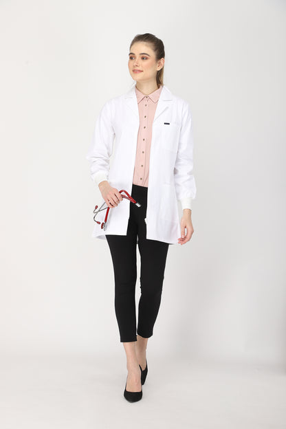 Women's Lab Coat Apron (Zipper Closure) Full Sleeve with Knit Cuffs - Length 32"