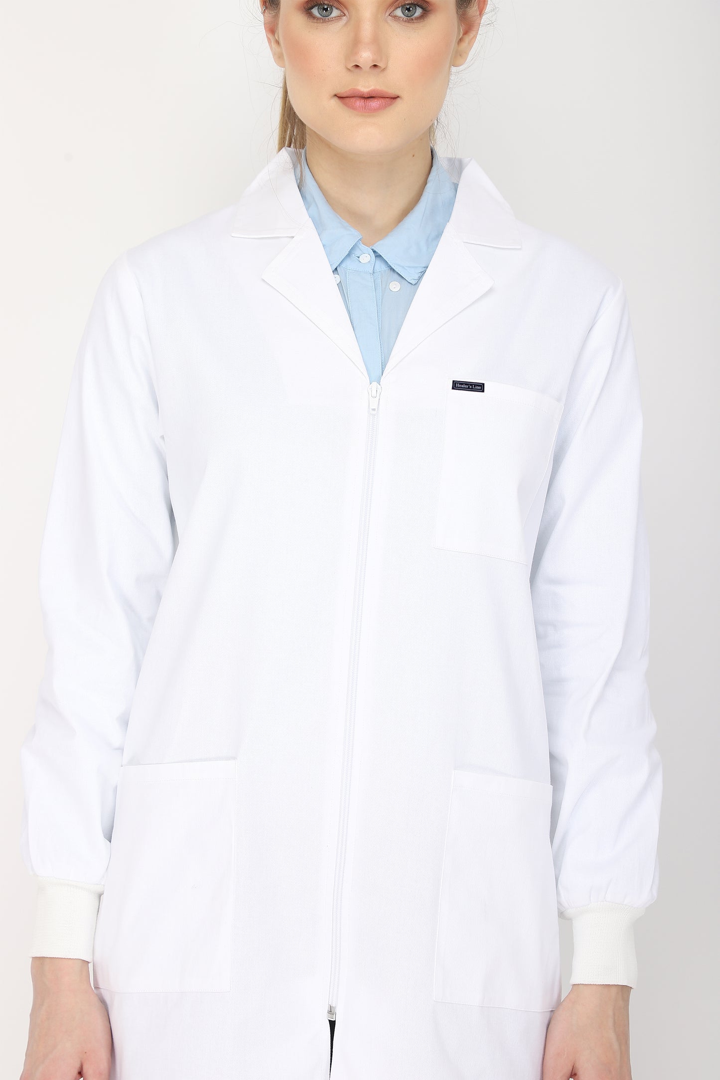 Women's Lab Coat Apron (Zipper Closure) Full Sleeve with Knit Cuffs - Length 35"