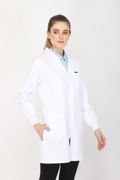 Women's Lab Coat Apron (Zipper Closure) Full Sleeve with Knit Cuffs - Length 35"