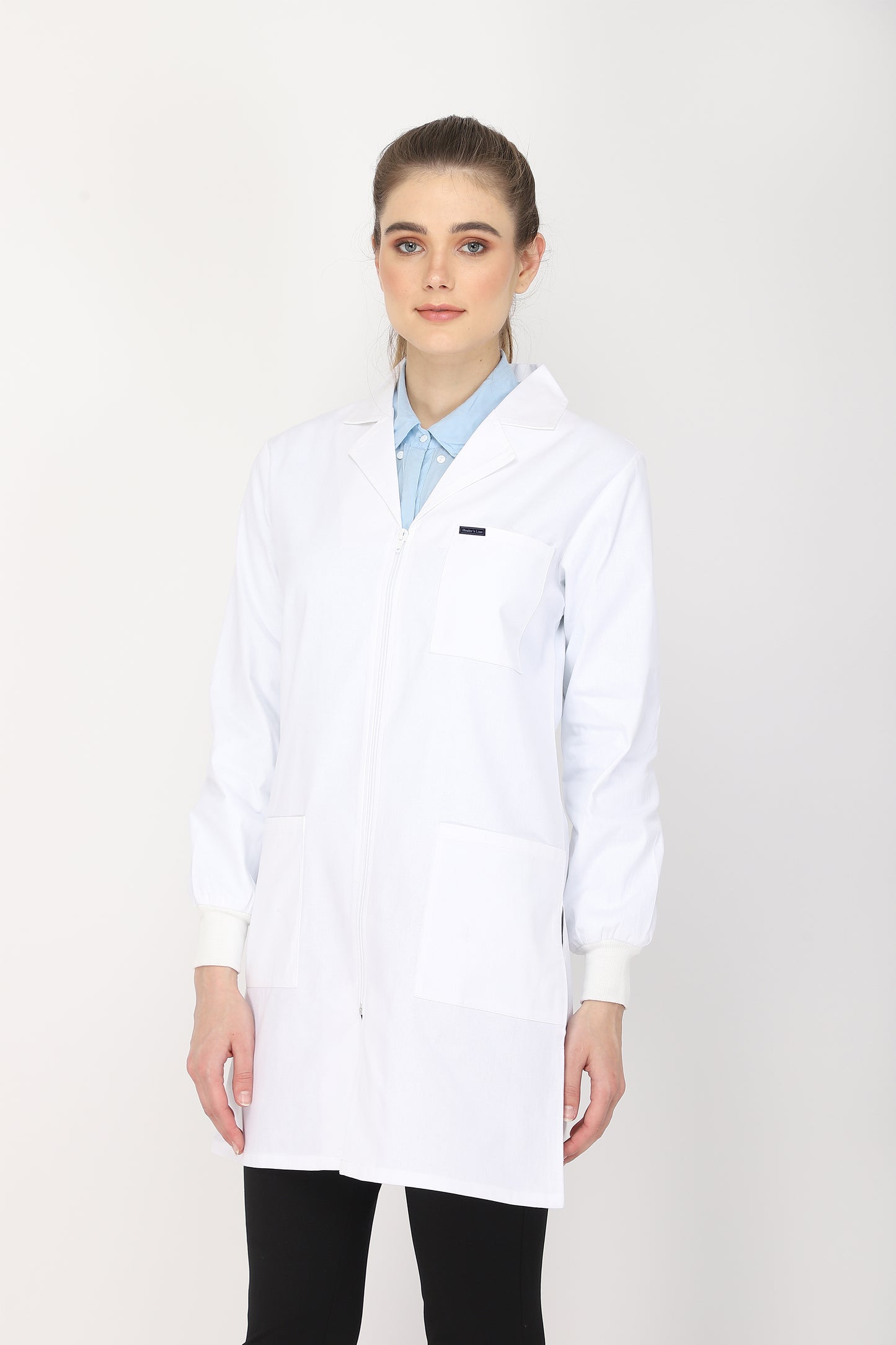 Women's Lab Coat Apron (Zipper Closure) Full Sleeve with Knit Cuffs - Length 35"