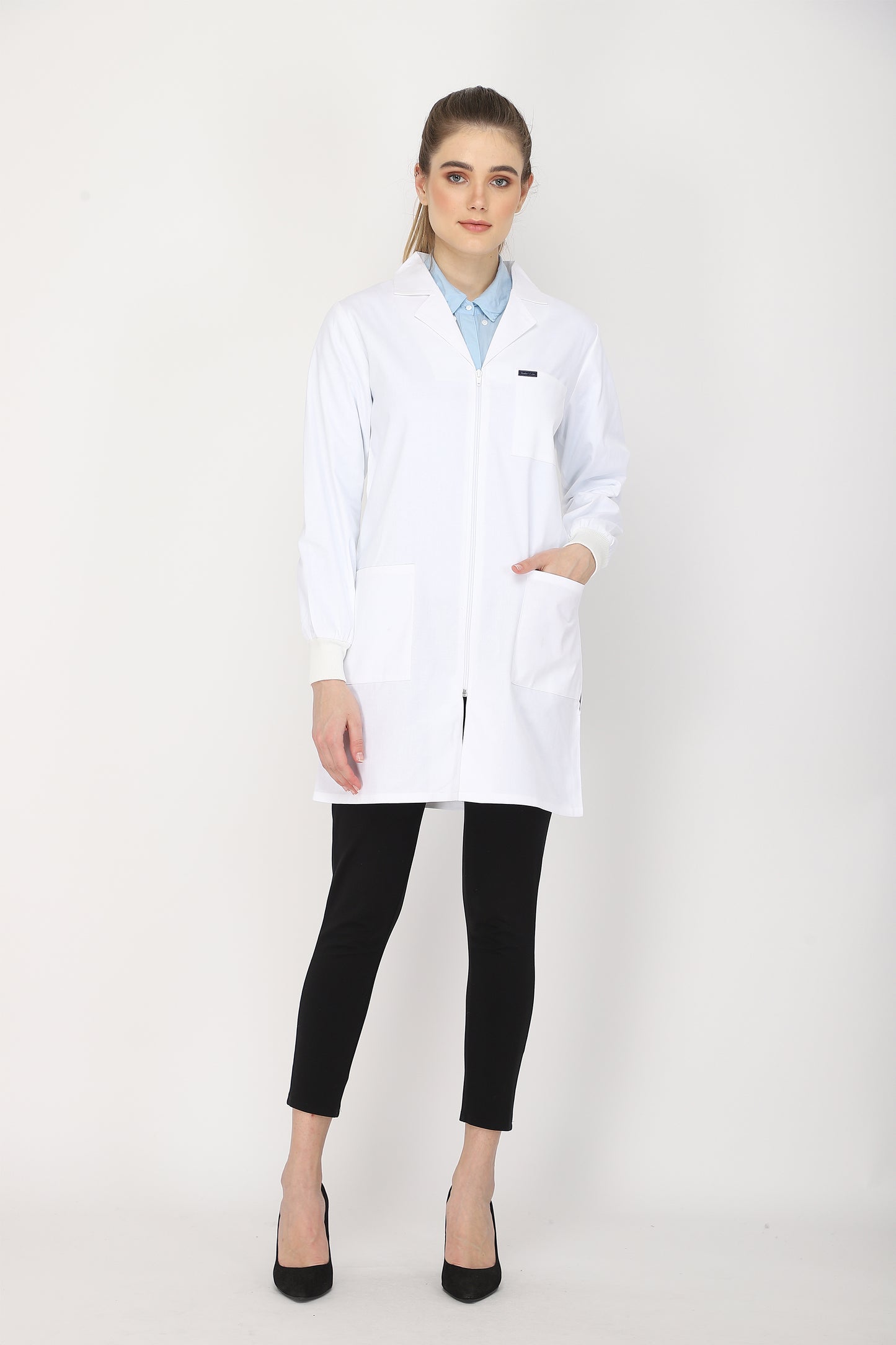 Women's Lab Coat Apron (Zipper Closure) Full Sleeve with Knit Cuffs - Length 35"