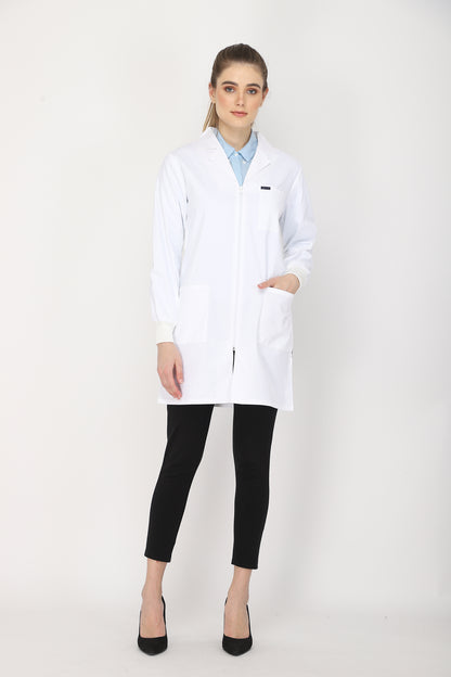Women's Lab Coat Apron (Zipper Closure) Full Sleeve with Knit Cuffs - Length 35"