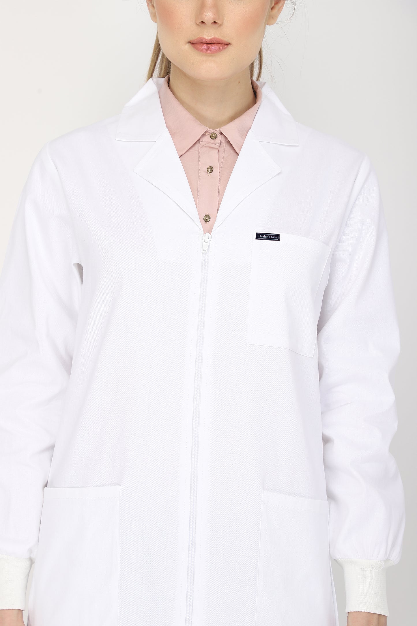 Women's Lab Coat Apron (Zipper Closure) Full Sleeve with Knit Cuffs - Length 37"