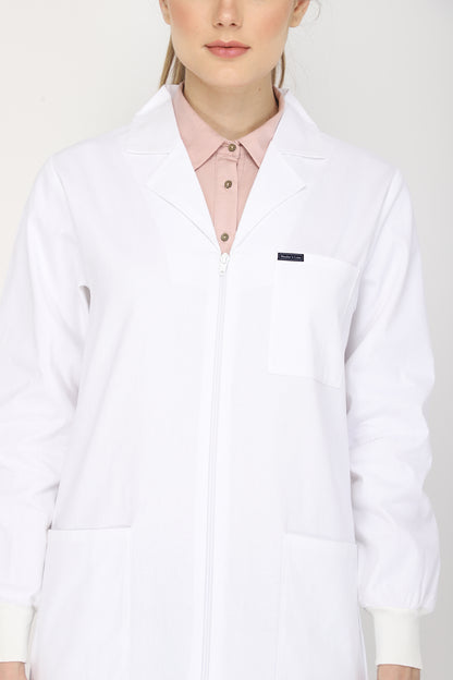 Women's Lab Coat Apron (Zipper Closure) Full Sleeve with Knit Cuffs - Length 37"