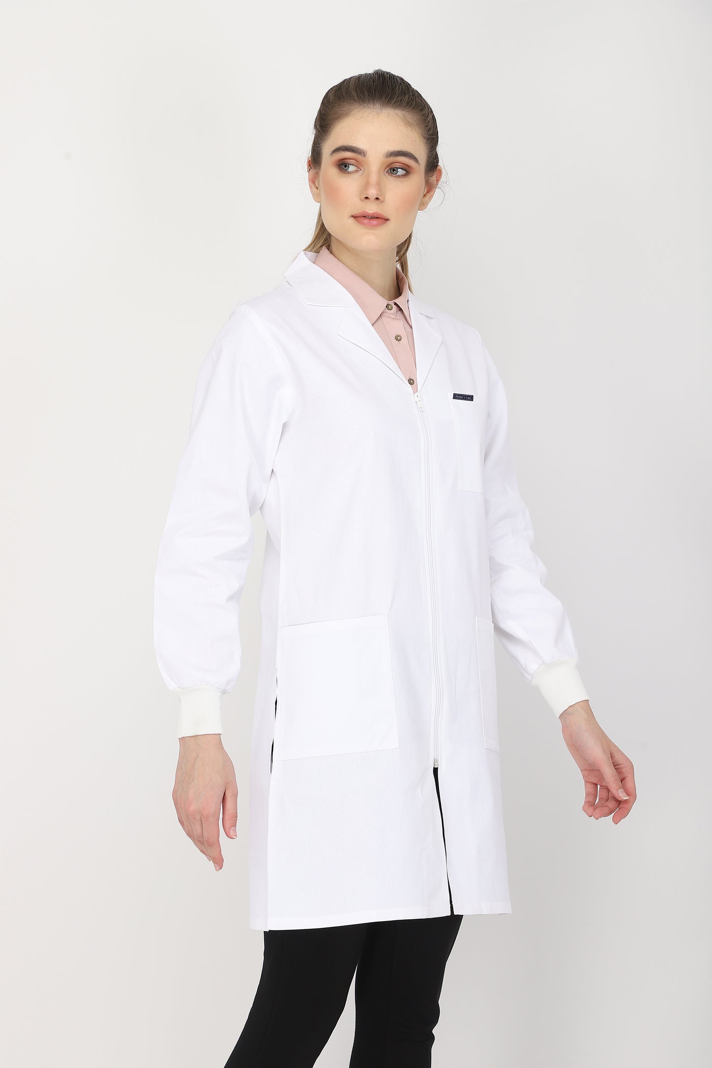 Women's Lab Coat Apron (Zipper Closure) Full Sleeve with Knit Cuffs - Length 37"