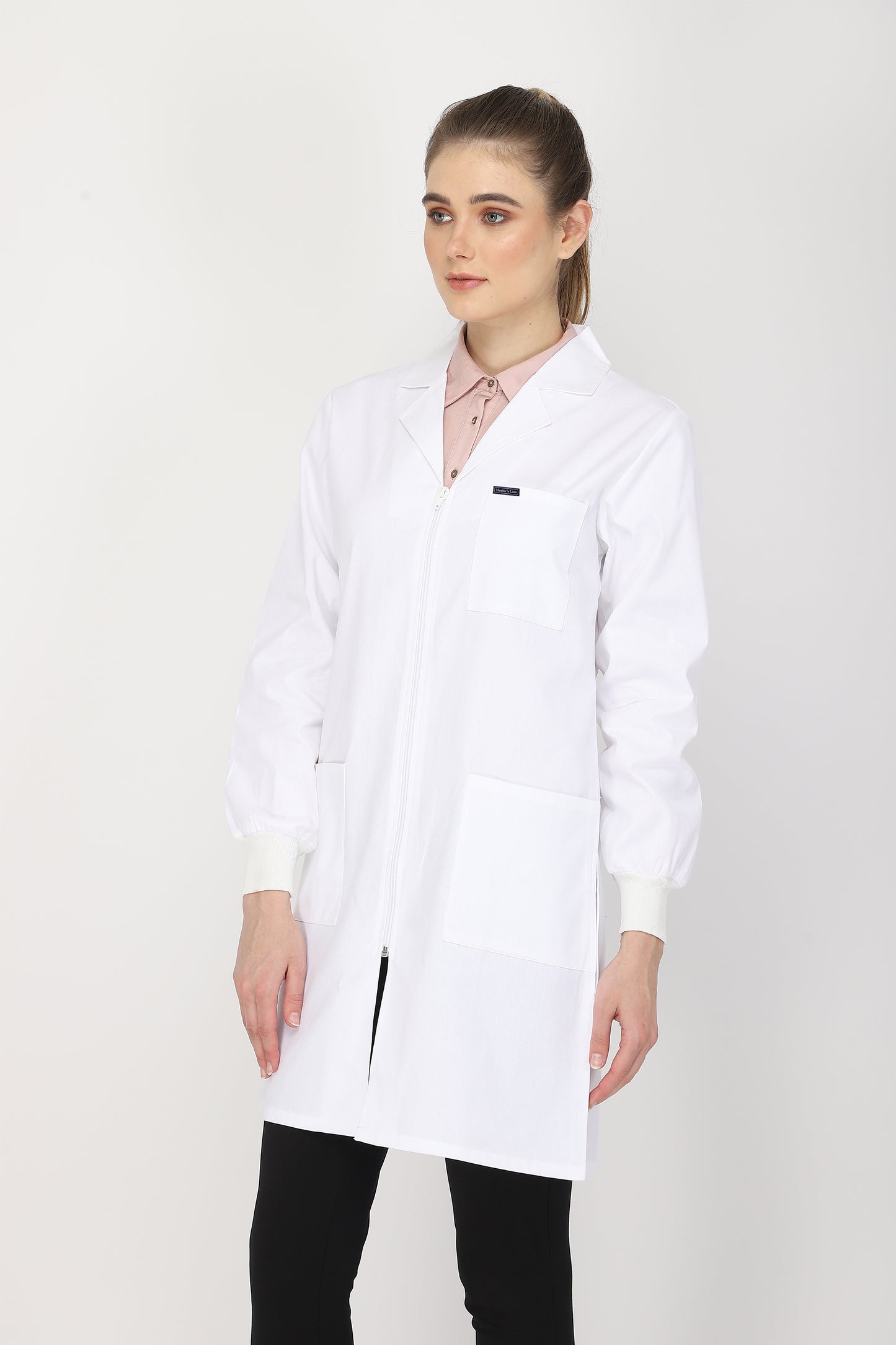 Women's Lab Coat Apron (Zipper Closure) Full Sleeve with Knit Cuffs - Length 37"