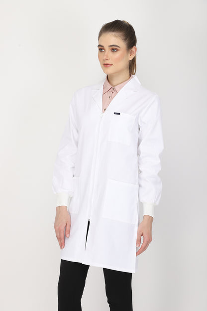 Women's Lab Coat Apron (Zipper Closure) Full Sleeve with Knit Cuffs - Length 37"
