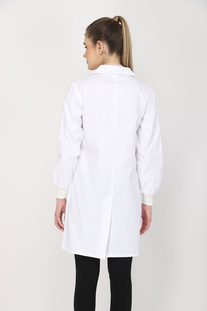 Women's Lab Coat Apron (Zipper Closure) Full Sleeve with Knit Cuffs - Length 37"