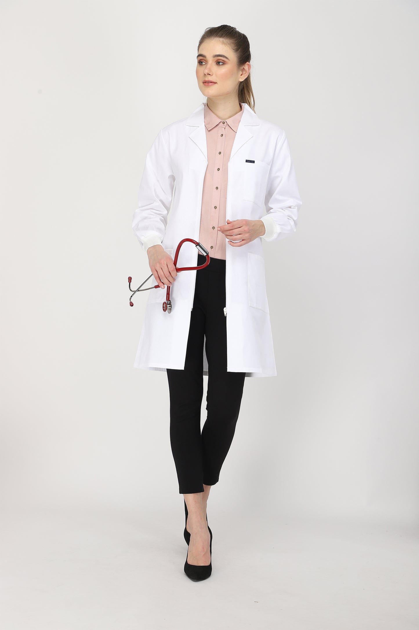 Women's Lab Coat Apron (Zipper Closure) Full Sleeve with Knit Cuffs - Length 37"