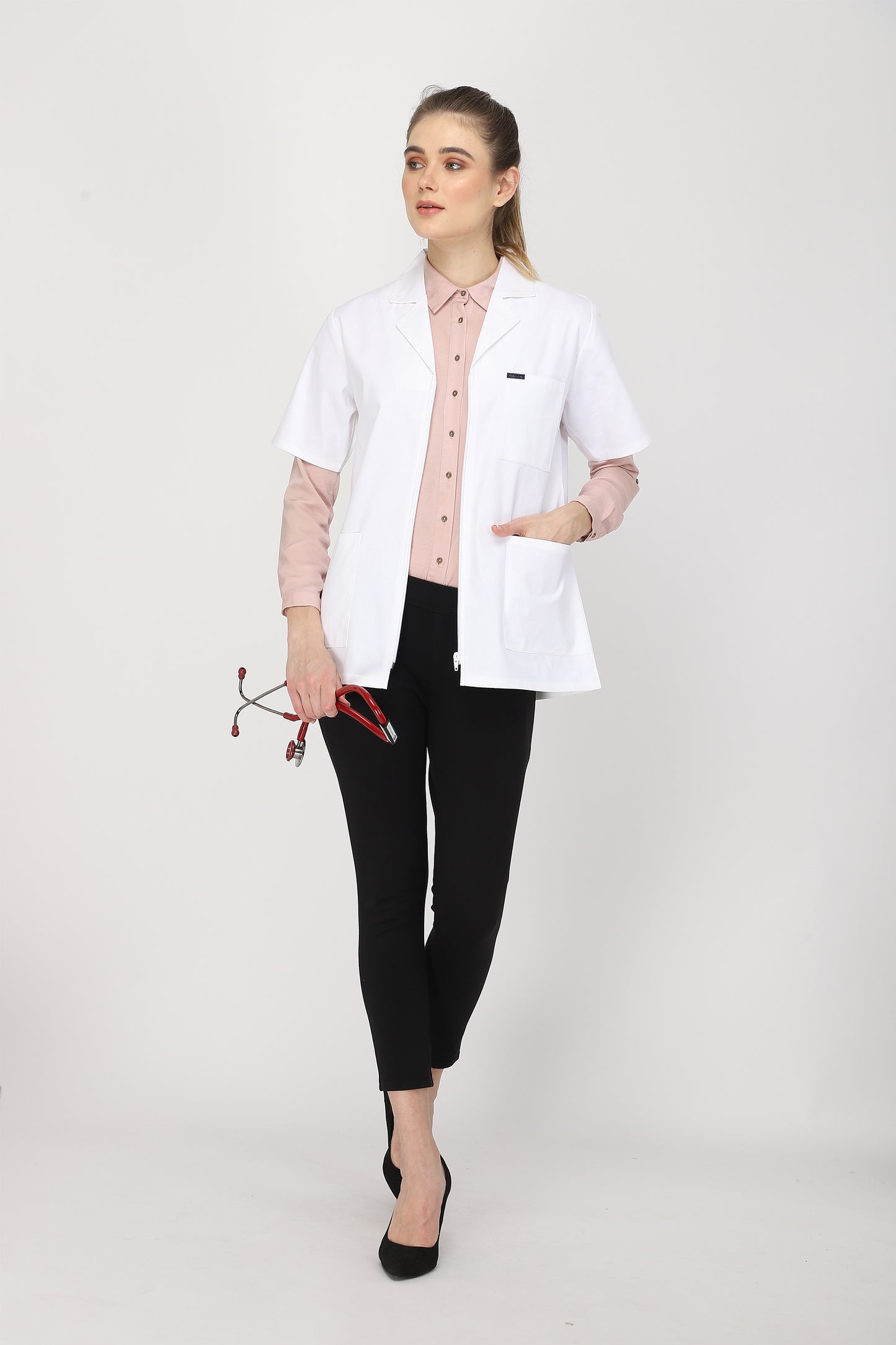 Women's Lab Coat Apron (Zipper Closure) Half Sleeve - Length 28"