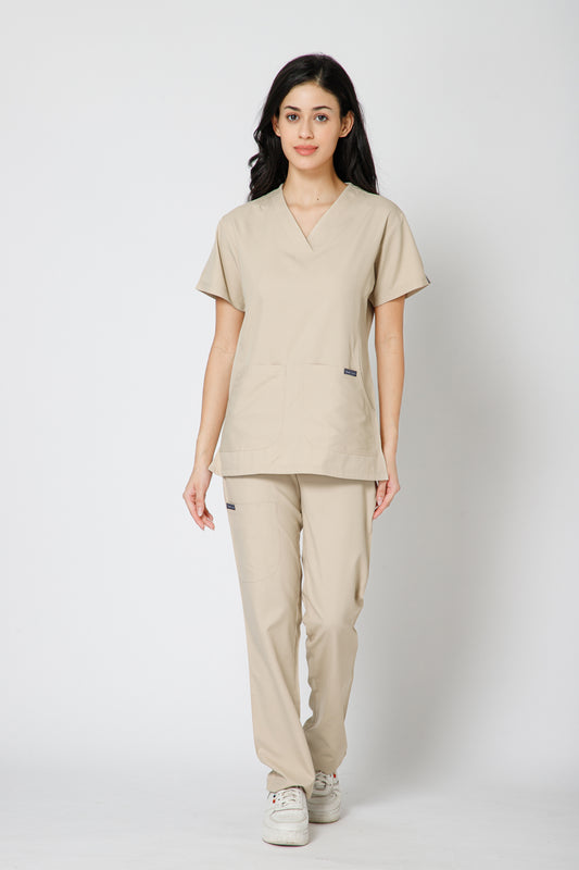 Classic Women’s V-Neck Scrub Suit (Beige)