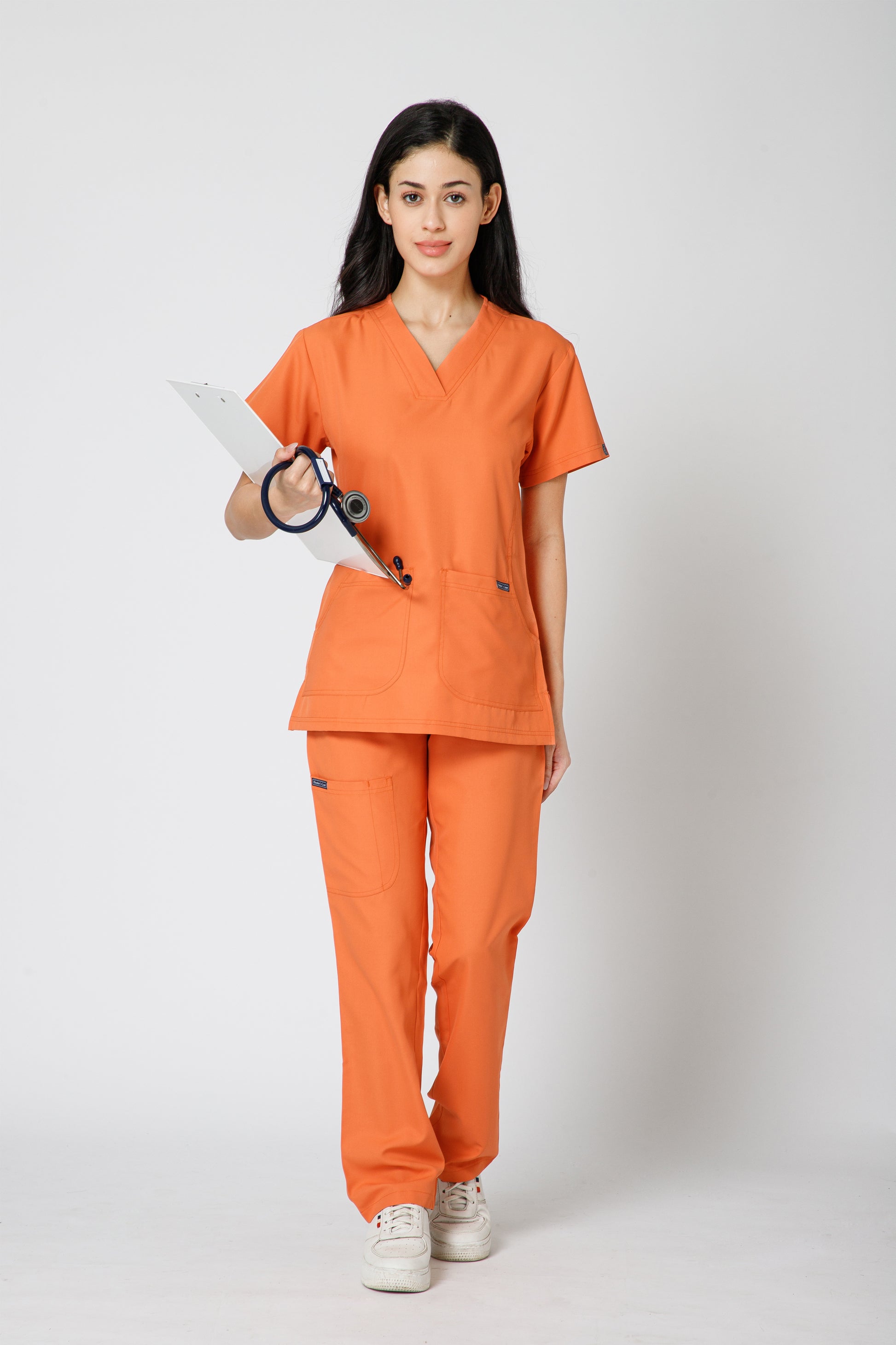 Classic Women's V-Neck Scrub Suit (Orange) LFP Fabric Healer's Line Classic Women's V-Neck Scrub Suit (Orange) LFP Fabric Healer's Line