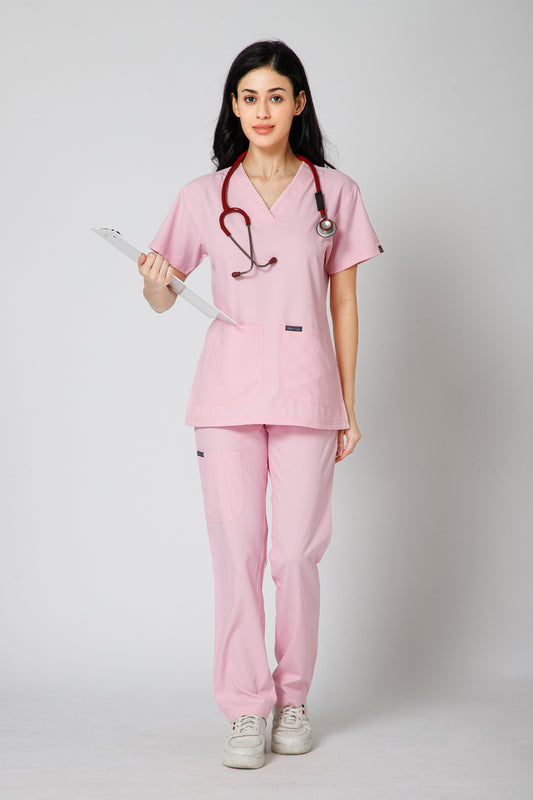Classic Women’s V-Neck Scrub Suit (Pink)