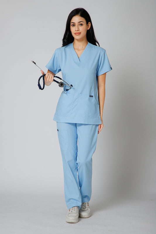 Classic Women’s V-Neck Scrub Suit (Sky Blue)
