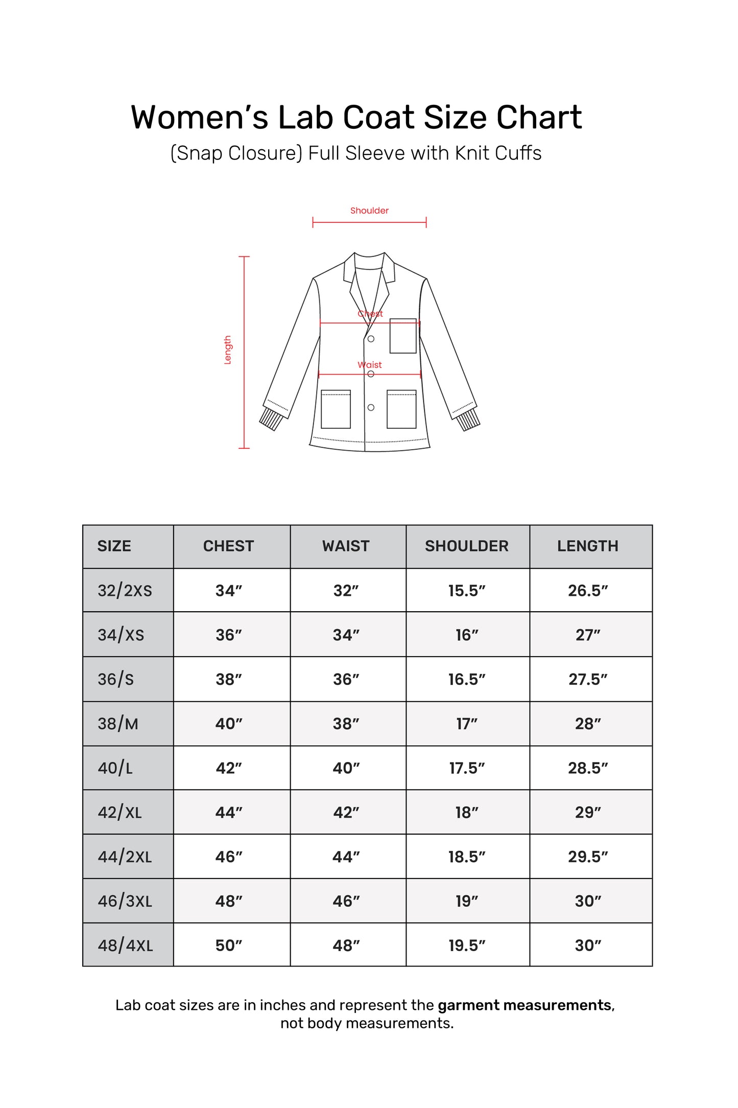 Women's Lab Coat Apron (Snap Closure) Full Sleeve with Knit Cuffs - Length 28"
