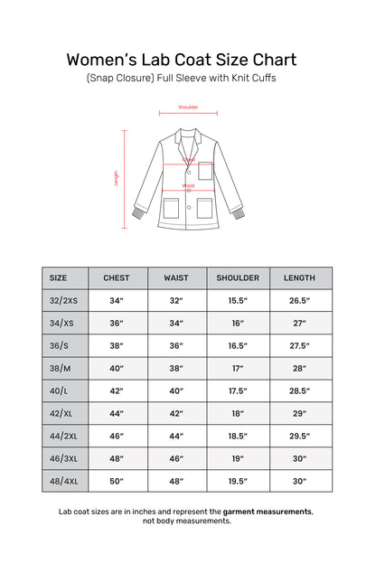 Women's Lab Coat Apron (Snap Closure) Full Sleeve with Knit Cuffs - Length 28"