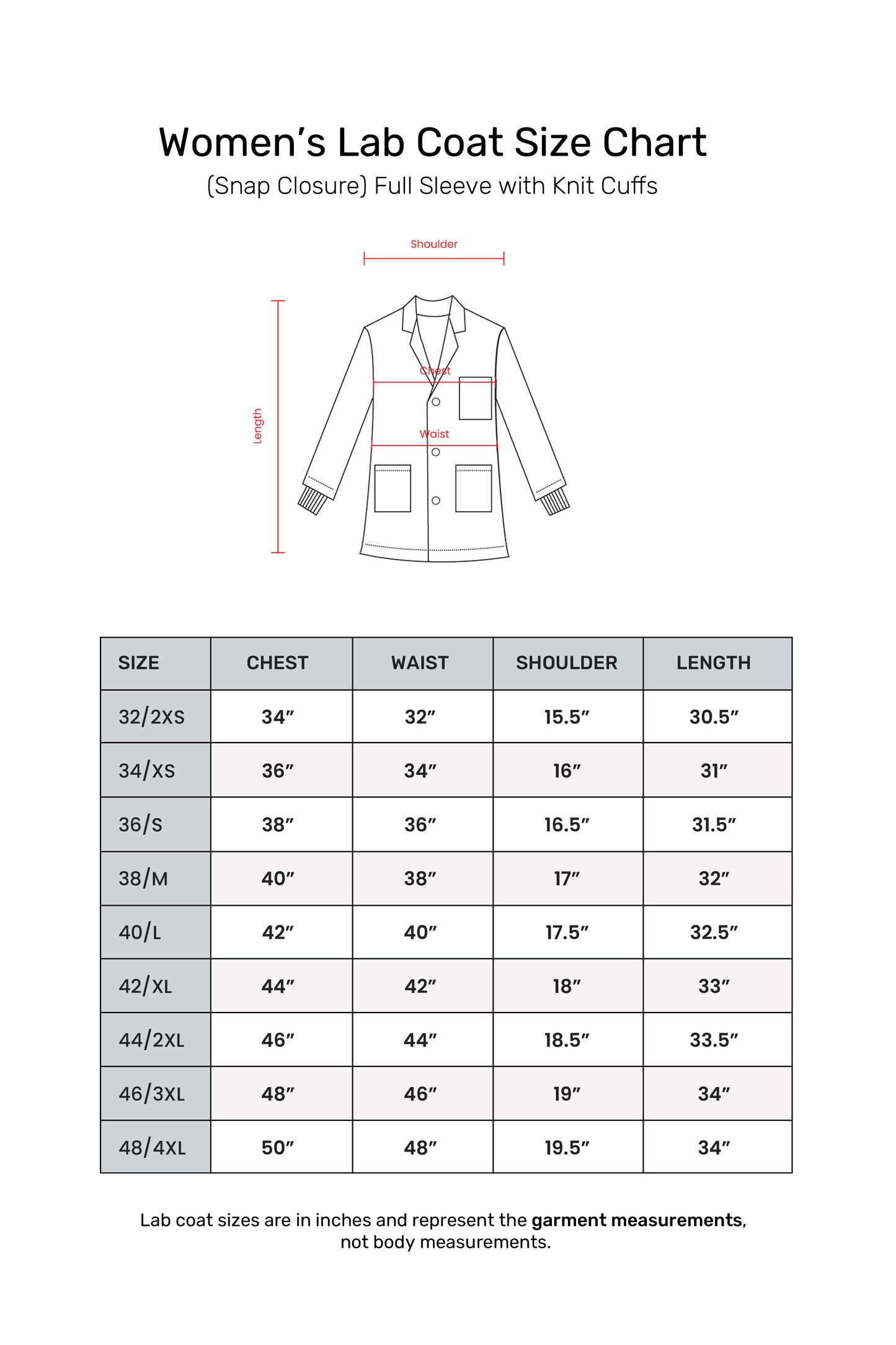 Women's Lab Coat Apron (Snap Closure) Full Sleeve with Knit Cuffs - Length 32"