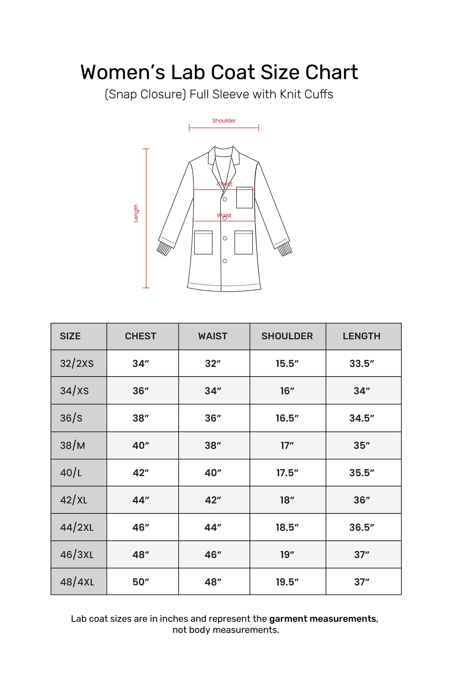 Women's Lab Coat Apron (Snap Closure) Full Sleeve with Knit Cuffs - Length 35"