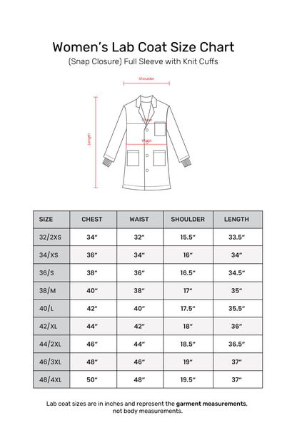Women's Lab Coat Apron (Snap Closure) Full Sleeve with Knit Cuffs - Length 35"