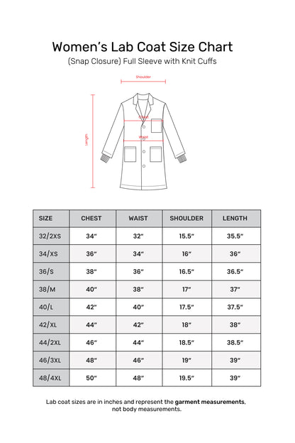 Women's Lab Coat Apron (Snap Closure) Full Sleeve with Knit Cuffs - Length 37"