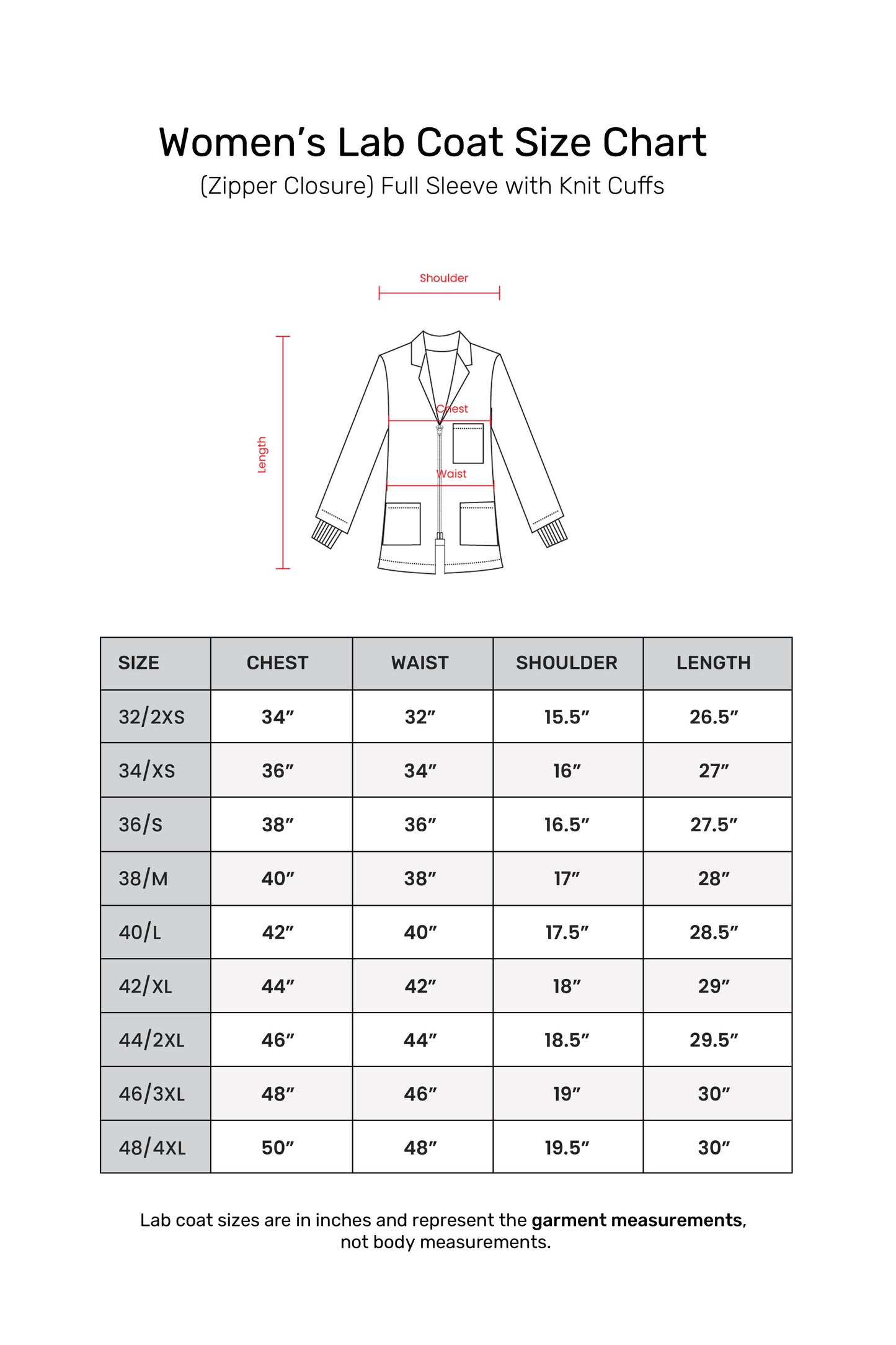 Women's Lab Coat Apron (Zipper Closure) Full Sleeve with Knit Cuffs - Length 28"