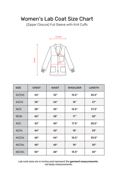 Women's Lab Coat Apron (Zipper Closure) Full Sleeve with Knit Cuffs - Length 28"