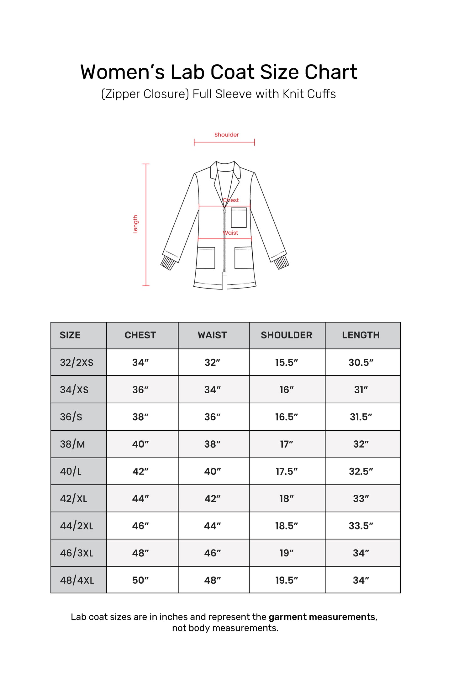 Women's Lab Coat Apron (Zipper Closure) Full Sleeve with Knit Cuffs - Length 32"