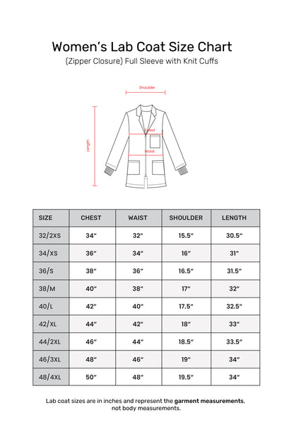 Women's Lab Coat Apron (Zipper Closure) Full Sleeve with Knit Cuffs - Length 32"
