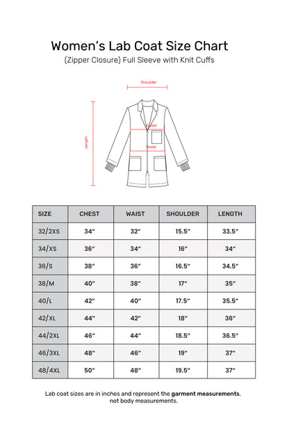 Women's Lab Coat Apron (Zipper Closure) Full Sleeve with Knit Cuffs - Length 35"