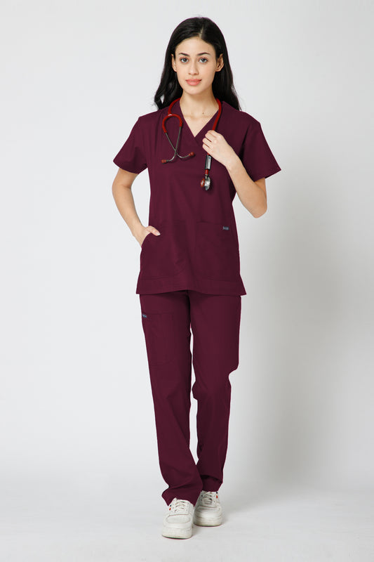 Classic Women’s V-Neck Scrub Suit (Wine)